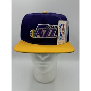 Vintage Utah Jazz NBA Snapback Hat 90s AJD Spell out DS Two Tone Purple Yellow